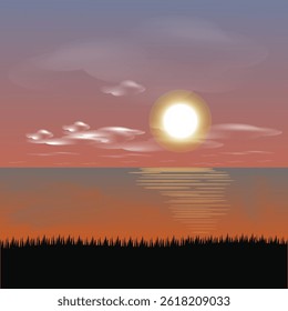 Sunset at the beach landscape nature, silhouette in summer, vector illustration design background 