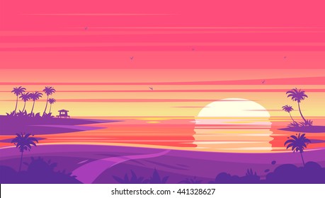 Sunset beach landscape with Sunset with palm trees and bungalows . Vector design illustration for web design development, natural landscape graphics.