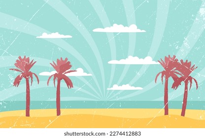 Sunset beach landscape, palms and ocean. Poster, banner, postcard in retro style. Vector illustration 