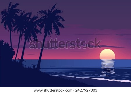 Sunset beach landscape. Purple sunset on a heavenly sandy beach with silhouettes of palm trees and a view of the ocean waves. Evening on a seaside holiday. Summer vacation. 