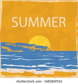 Sunset Beach Landscape Surf Summer Tropical Vintage Poster. Seaside View Ocean Mountains. Textured Grunge Effect Retro Card With Text Time To Travel. Vector Illustration Silhouette