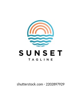 sunset beach line art logo vector