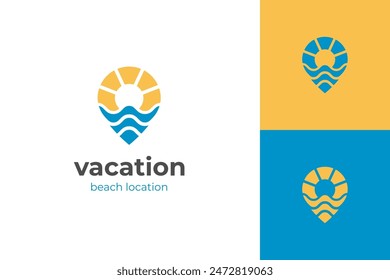 sunset in beach location logo icon design with pin and sun graphic idea elements vector illustration design for summer vibes signs