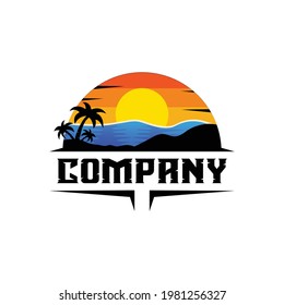 Sunset Beach logo, coconut tree gradient color and Water wave Logo icon