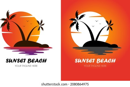 sunset beach logo with coconut tree island by vector design