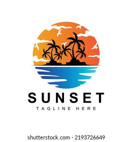 Diseño del logotipo de Sunset Beach, Ilustración de los paisajes marinos, Vector Spot de Vacaciones de Día Rojo