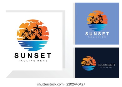 Sunset Beach Logo Design, Seascape Illustration, Red Day Vacation Spot Vector