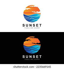 Diseño del logotipo de Sunset Beach, Ilustración de los paisajes marinos, Vector Spot de Vacaciones de Día Rojo