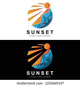 Sunset Beach Logo Design, Seascape Illustration, Red Day Vacation Spot Vector