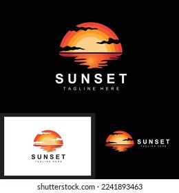 Sunset Beach Logo Design, Seascape Illustration, Red Day Vacation Spot Vector