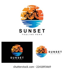 Sunset Beach Logo Design, Seascape Illustration, Red Day Vacation Spot Vector