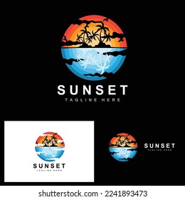 Logo-Design von Sunset Beach, Seascape-Illustration, Red Day Vacation Spot-Vektorgrafik