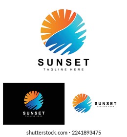 Diseño del logotipo de Sunset Beach, Ilustración de los paisajes marinos, Vector Spot de Vacaciones de Día Rojo