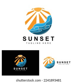 Sunset Beach Logo Design, Seascape Illustration, Red Day Vacation Spot Vector
