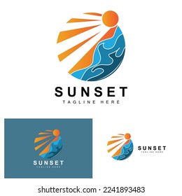Sunset Beach Logo Design, Seascape Illustration, Red Day Vacation Spot Vector