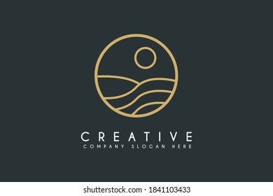 Sunset beach logo design vector illustration. Sunset Beach icon design. Suitable for Holiday and Traveling logos isolated on Black background