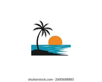 Sunset Beach Logo, Island Vector, Landscape, Vacation Icon, Coastal Destination. Summer T-shirt Design with Tropical Palm Tree, Sun, Seaside. Relaxation, Holiday, Beach Vibes. Travel-Tourism Symbol.