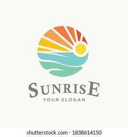 Sunset beach logo Landscape design Template Vector illustration. summer Wave sun Logo Sign Design Icon. ocean , tropical And Sea Sun Logo Element. sunset and sunrise concept symbol
