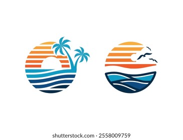 Sunset beach logo Landscape design Vector illustration template. Summer Sun Wave Logo Sign Icon Design. Sea Logo Element.