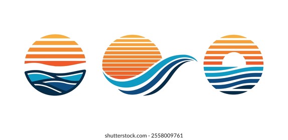 Sunset beach logo Landscape design Vector illustration template. Summer Sun Wave Logo Sign Icon Design. Sea Logo Element.