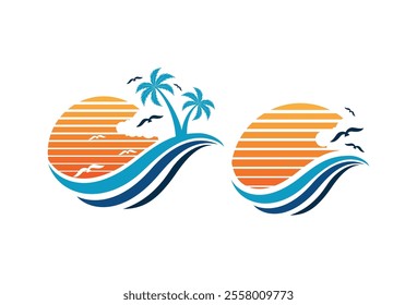 Sunset beach logo Landscape design Vector illustration template. Summer Sun Wave Logo Sign Icon Design. Sea Logo Element.