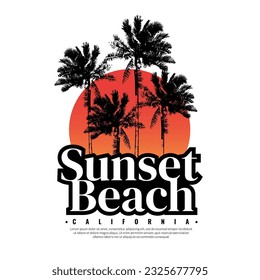 Sunset Beach logo on white background graphics for t-shirts and other print production. Vector illustration for design. Summer beach concept.