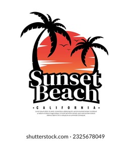 Sunset Beach logo on white background graphics for t-shirts and other print production. Summer beach concept. Vector illustration for design. 