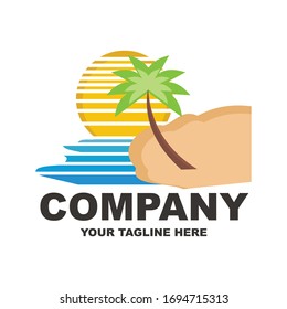 sunset beach logo, palm design vector 