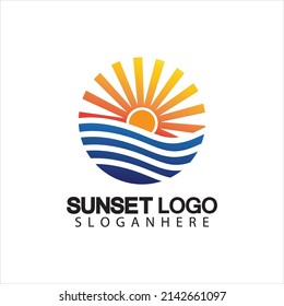 Símbolo del logotipo de la playa del atardecer plantilla de diseño de ilustración vectorial.