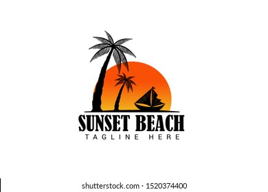 sunset beach logo template with silhouette of coconut tree and a ship