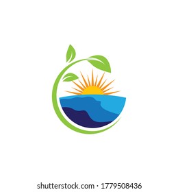 Sunset beach logo vector icon illustration design