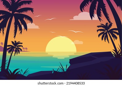 Sunset Beach - Modern Flat Landscape Illustration