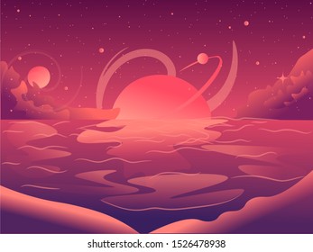 Sunset beach nature landscape flat illustration of sun, moon and planets with clouds on the twilight. Magic place with stars and bright night sky vector. 