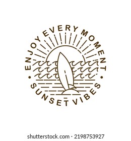 Sunset Beach Ocean Wave with Surfing Board Line art Logo Design