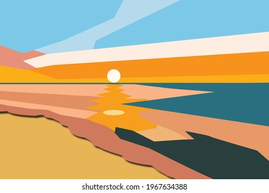 Sunset at the Beach, ocean waves sea shore scene with nobody and place for copy space background. Hand drawn abstract trendy vector illustration. Modern design of summer, sunset, vacation concept.