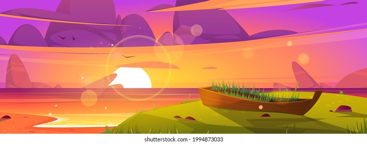 Sunset beach and old wooden boat with growing grass inside. Ocean landscape, purple clouds in sky with shining sun above sea water, scenery evening shore, nature background Cartoon vector illustration