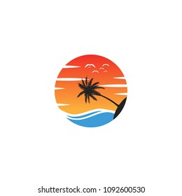 sunset beach palm logo template vector design