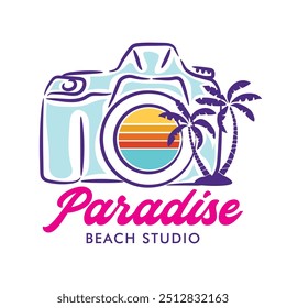 Sunset praia palm tree com câmera vetor logotipo de ilustração, perfeito para o design de camisa e logotipo de fotografia de praia