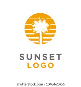 Sunset Beach Palm Tree summer vacation holiday logo design 