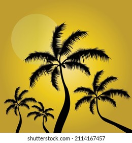 Atardecer en la playa, palmeras, árboles tropicales, hojas tropicales