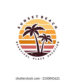 Diseño del logotipo de vacaciones Sunset Beach Palm Tree