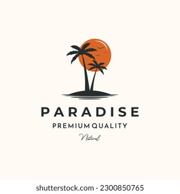 sunset beach palm tree vintage logo vector minimalist illustration design, paradise tourist destination symbol design