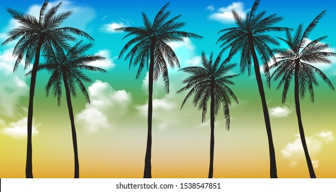Sunset Beach with palm trees and beautiful sky landscape. Travel, Tourism, vacation concept background. Mexico. Paradise scene of Caribbean Island. Beautiful coconut palms silhouettes over orange sun