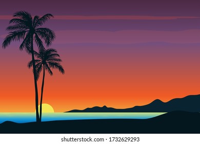 sunset beach with palm trees and mountains vector