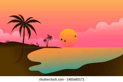 sunset beach with palm trees sea view vector design