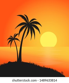 sunset beach with palm trees sea view vector design