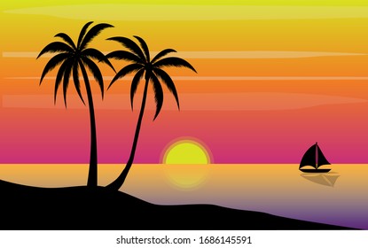 sunset beach with palm trees sea view vector design