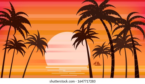 Sunset beach palm trees silhouettes, summertime, tropical sea, ocean. Panorama colorful, horison orange Sun seascape, landscape sailboat. Vector illustration isolated poster flyer invitation card