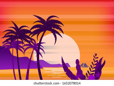 Sunset beach palm trees silhouettes, summertime, tropical sea, ocean. Panorama colorful of mountains, horison orange Sun seascape, landscape sailboat. Vector illustration isolated poster flyer