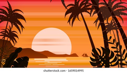 Sunset beach palm trees silhouettes, summertime, tropical sea, ocean. Panorama colorful of mountains, horison orange Sun seascape, landscape sailboat. Vector illustration isolated poster flyer